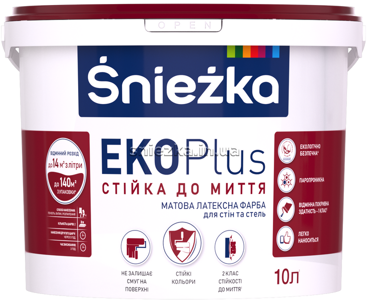 Краска матовая латексная стойкая к мытью Sniezka Eko Plus, 1 л, белый, матовый 17163 фото